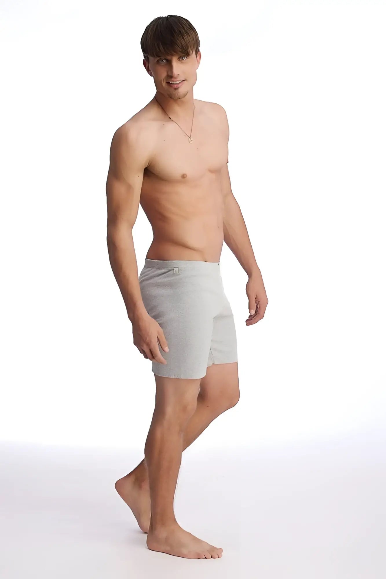 Light gray soft textured fusion yoga short men’s briefs with subtle brand logo on waistband in heather grey