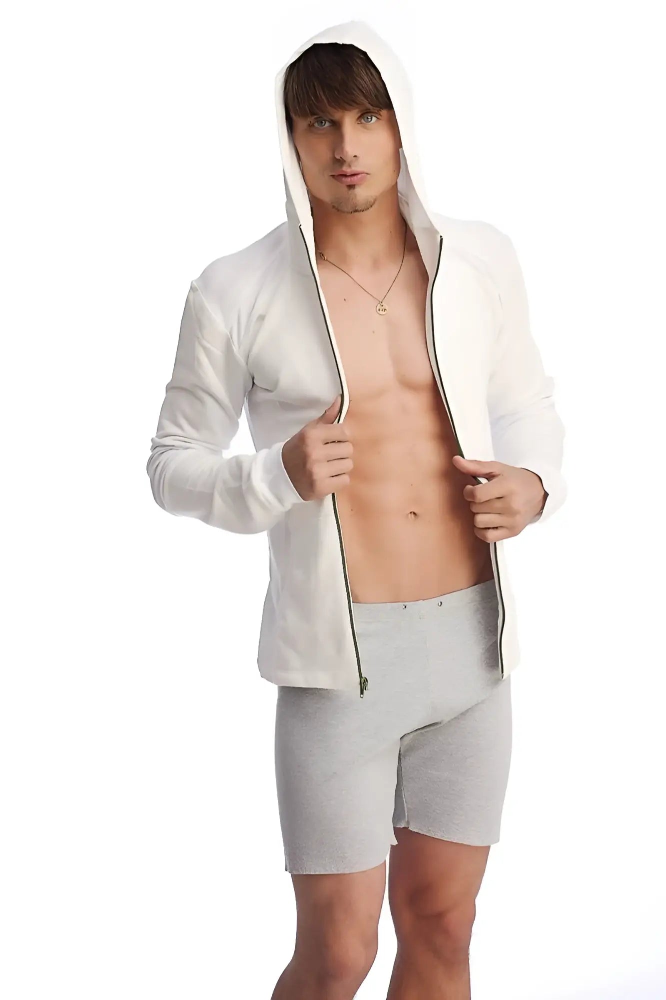 White hooded zip-up jacket with black zipper trim paired with heather grey fusion yoga shorts for activewear use