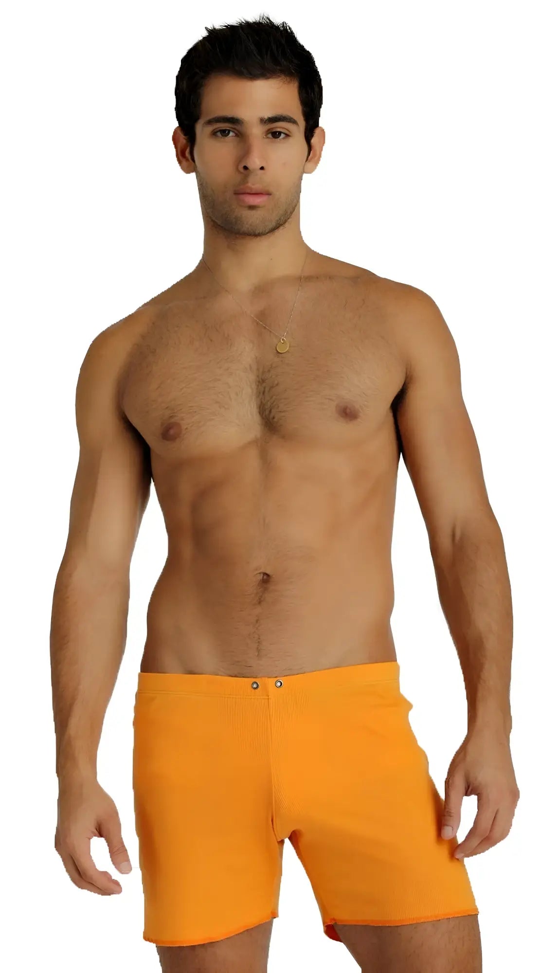 Bright orange fusion yoga short swim trunks with simple design and two front button closures for active wear