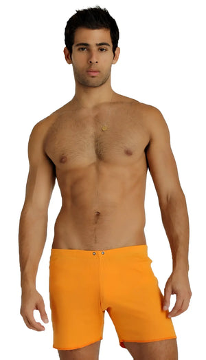 Bright orange fusion yoga short swim trunks with simple design and two front button closures for active wear