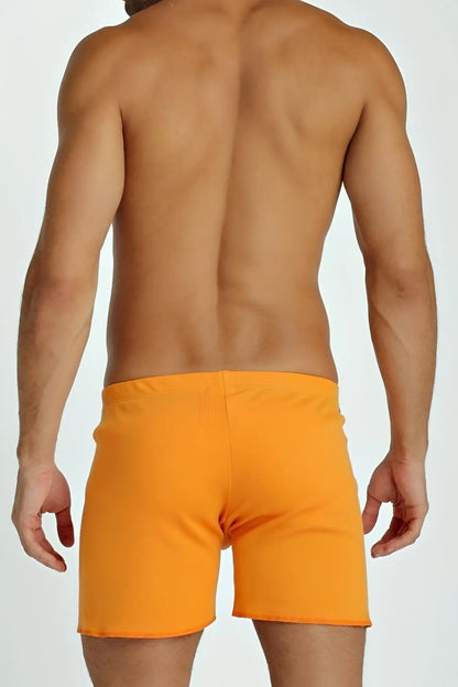 Orange ribbed swim trunks fusion yoga short made of lightweight fabric designed for active beachwear use