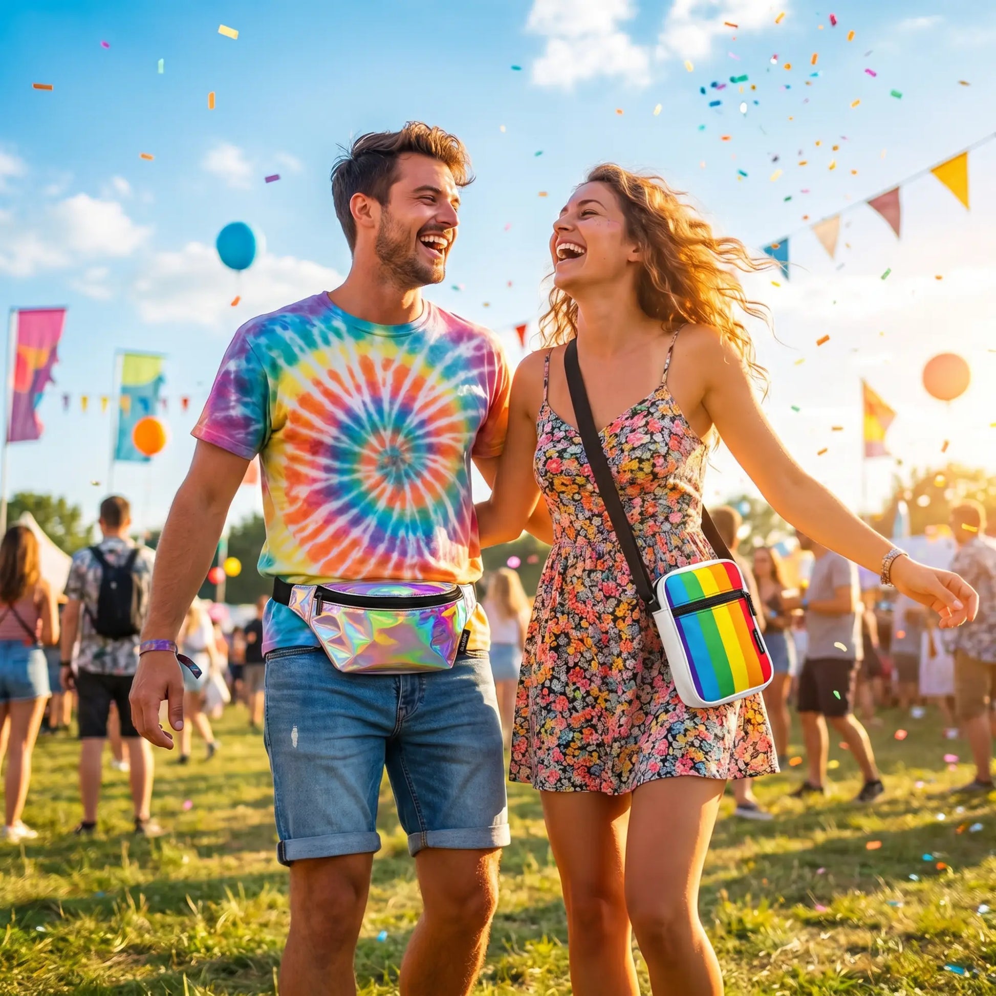 Man and woman at a festival wearing Fydelity holographic fanny pack and rainbow crossbody bag — FYDELITY lifestyle
