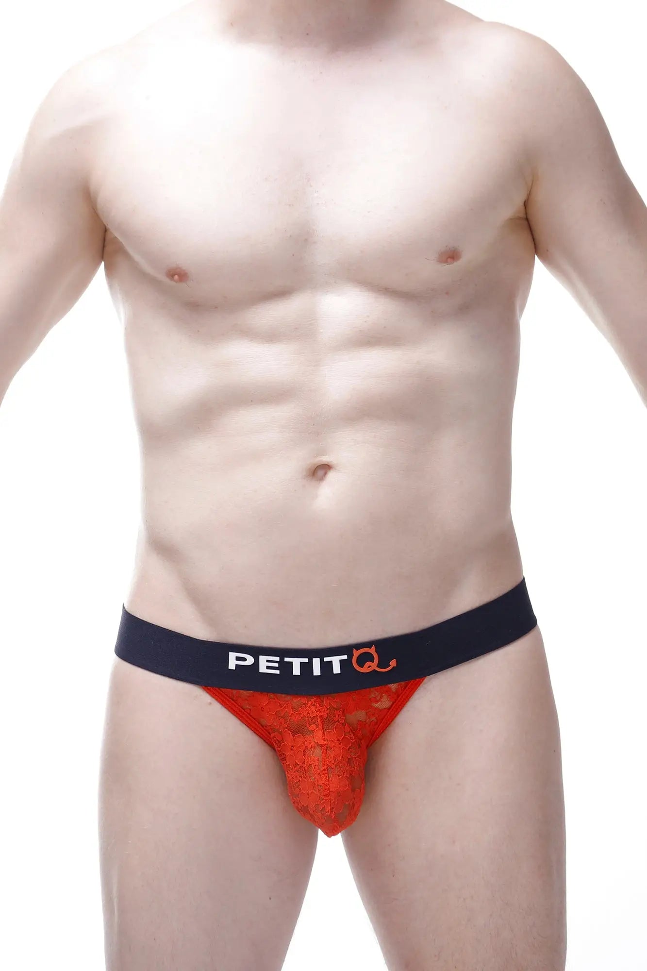 Red lace men’s briefs g-string aubiat lace red with black waistband featuring petitq logo front view