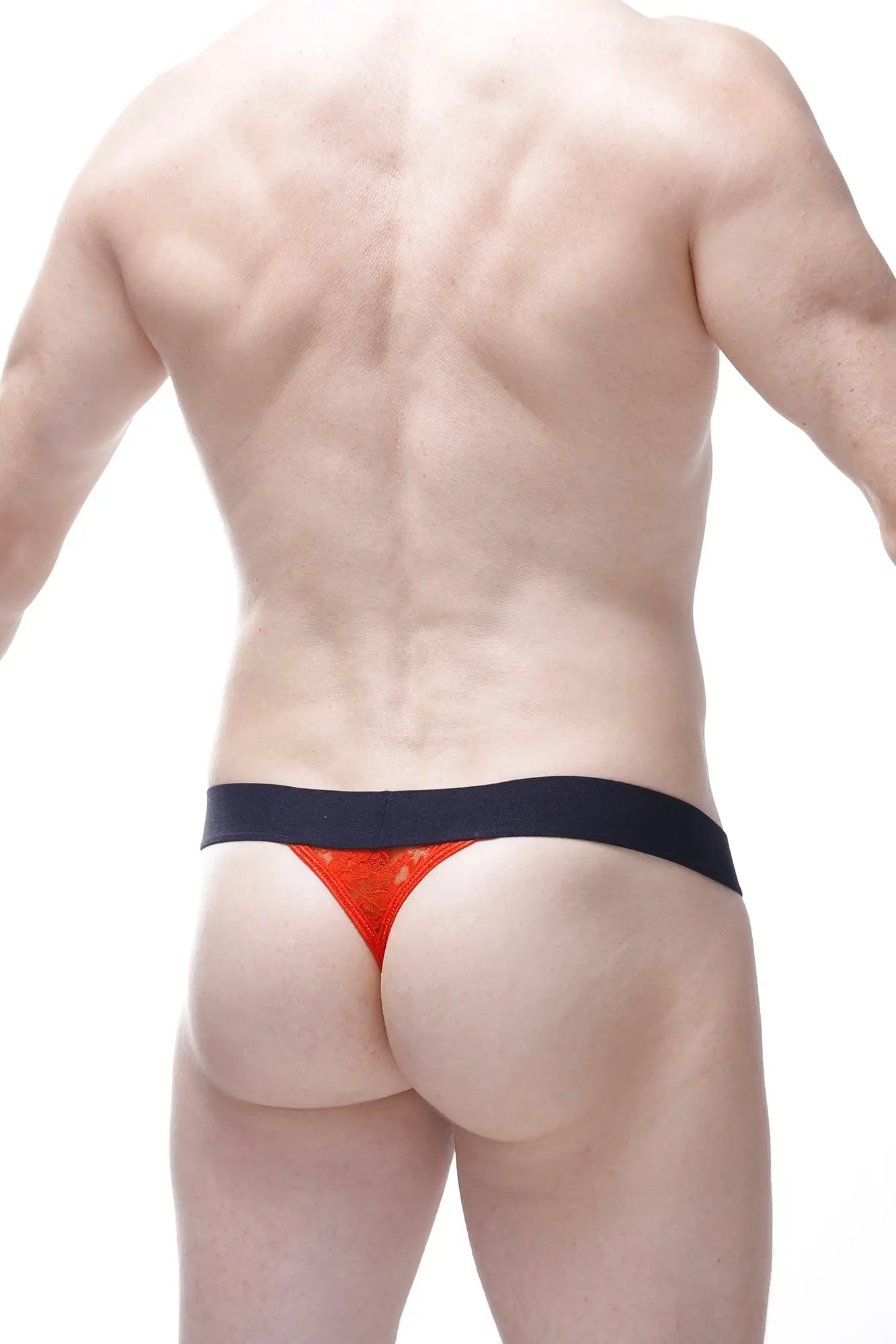 Orange lace g-string aubiat lace red thong with black waistband showing front side details