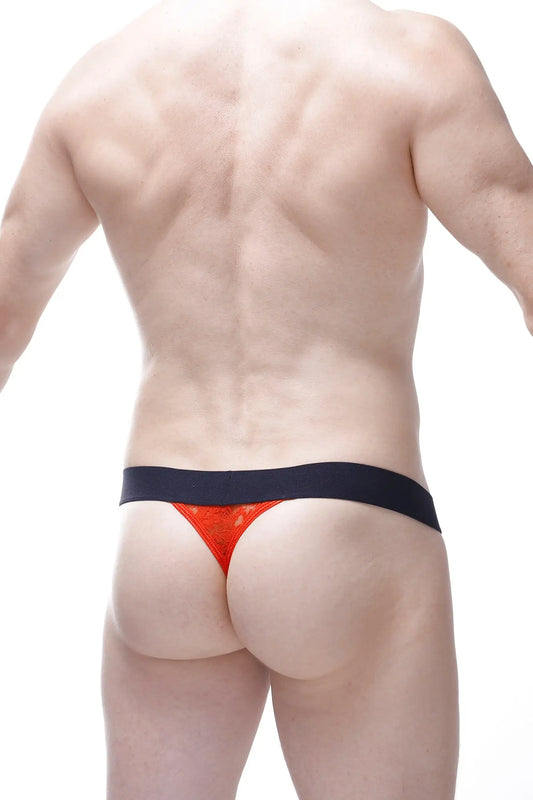 Orange lace g-string aubiat lace red thong with black waistband showing front side details