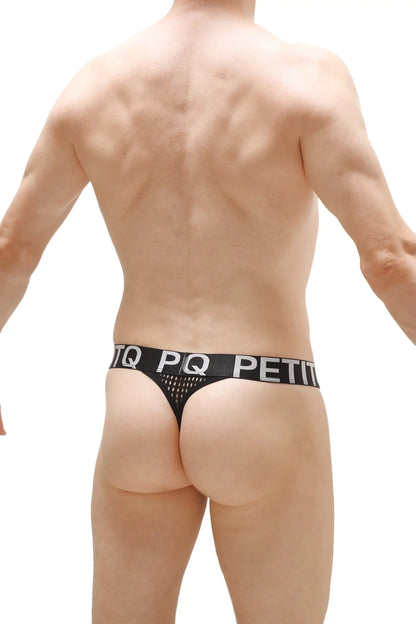 Black mesh thong g-string chanac durtol black with solid waistband featuring white pq petit text visible from front