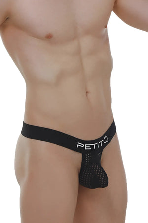 Black mesh thong g-string chanac durtol with solid waistband and petitq logo in white lettering
