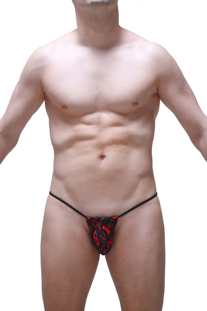 Black g-string cocksak boudoir thong with red flame patterns showing back side design