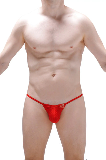Red lace g-string lahitte bee with a small square logo on the front in vibrant red color