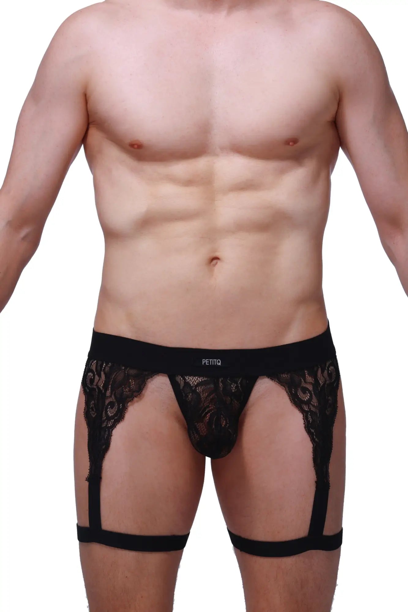 Black lace men’s garter belt g-string lurris black with central pouch adjustable straps and pettiq logo on waistband