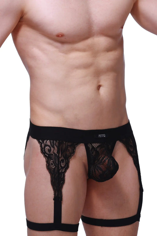 Black lace men’s briefs g-string lurris black with scalloped design and supportive straps shown from the back
