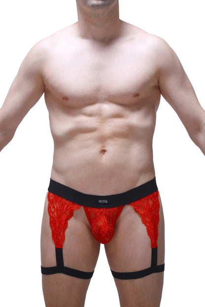 Red lace men’s briefs g-string lurris lace red with bold pattern and black elastic waistband and leg straps