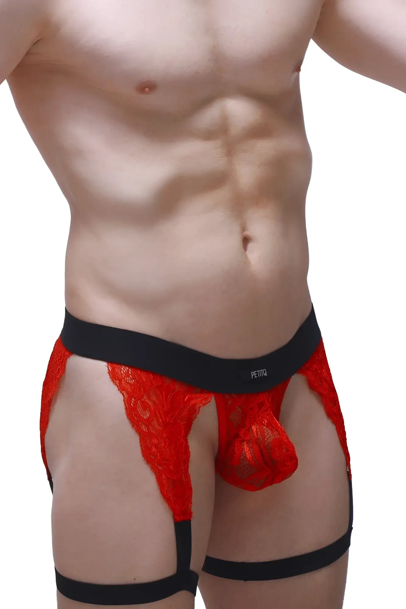 Red lace g-string lurris men’s underwear with black elastic waistband and leg straps featuring petito label