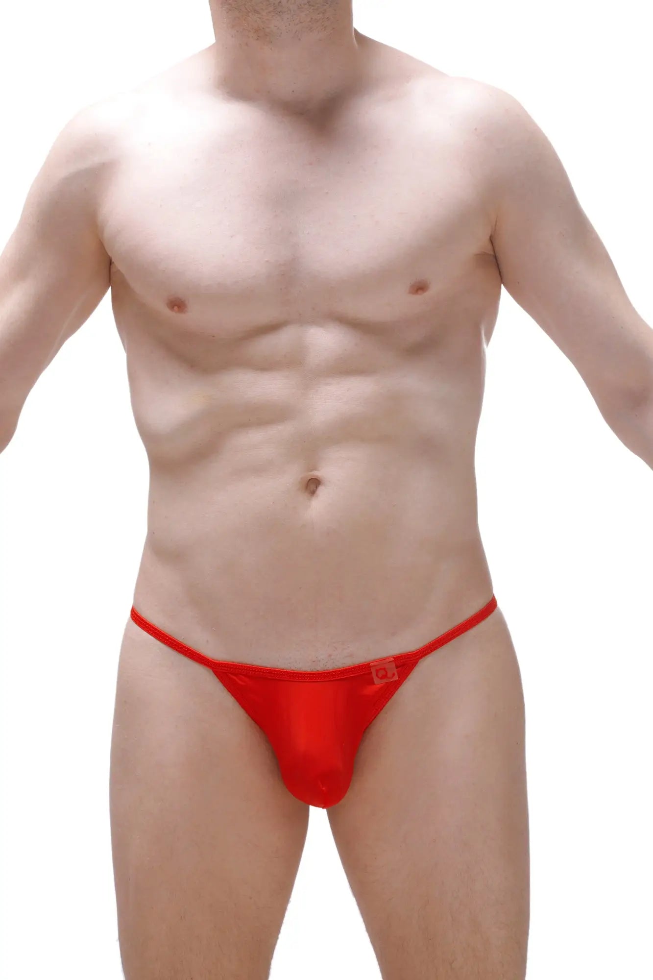 Red satin g-string metal heart with a small logo on the side showing the back view