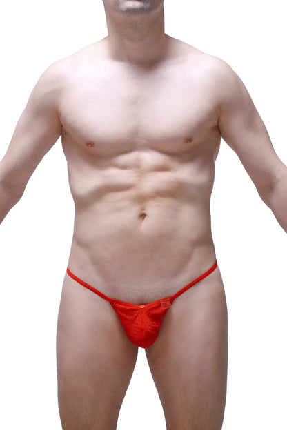 Red lace g-string thong with silicone ring and small decorative bow at the front