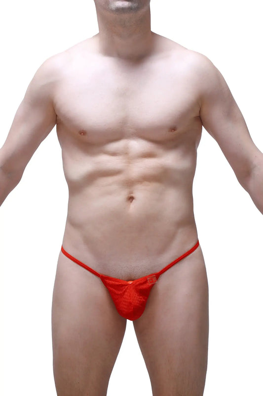 Red lace g-string thong with silicone ring and small decorative bow at the front