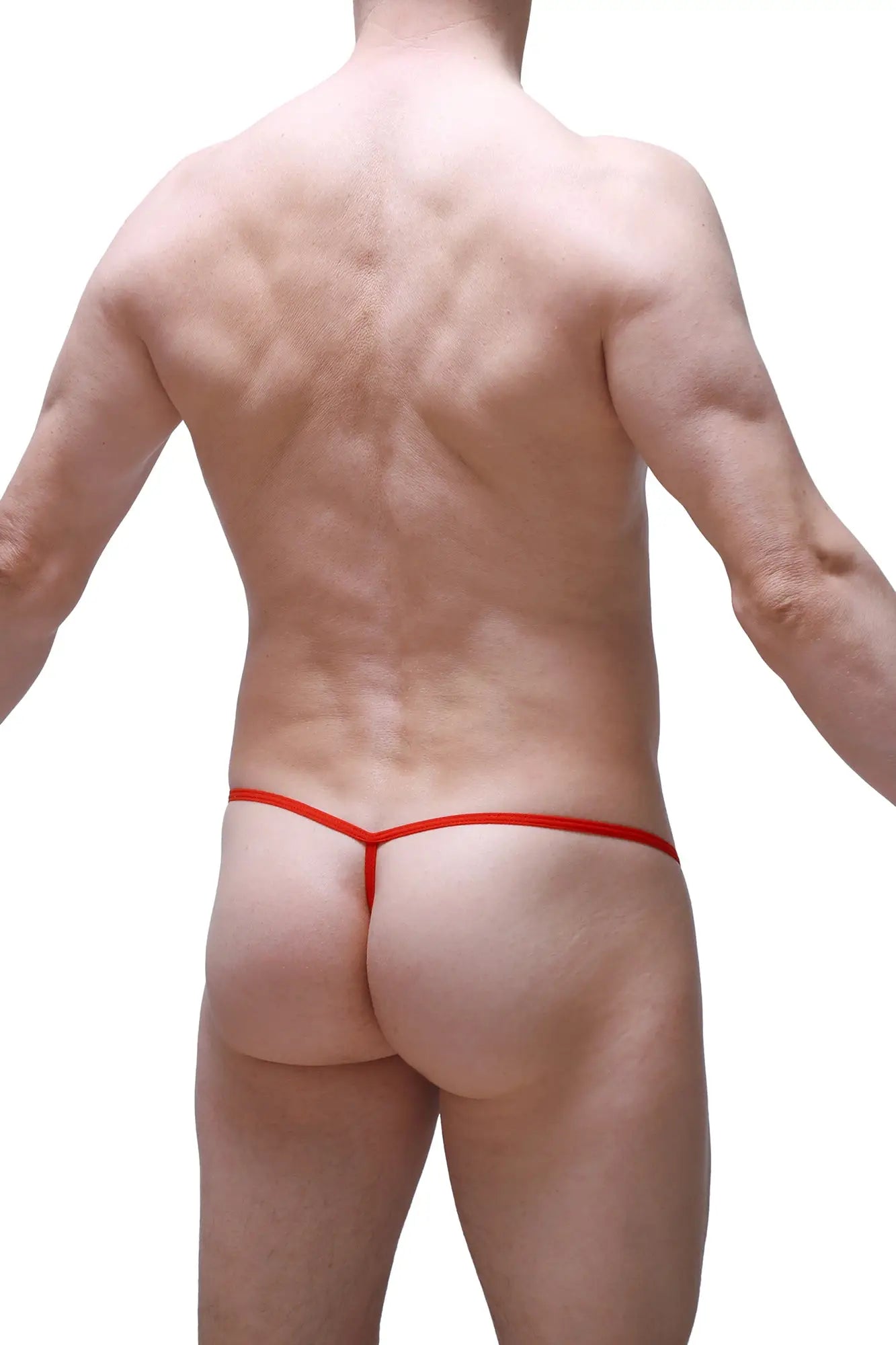 Red g-string with silicone ring featuring thin seamless fabric band shown from the back side