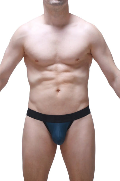 Blue and black snug fit athletic briefs g string saleon prussian showing front side in breathable fabric