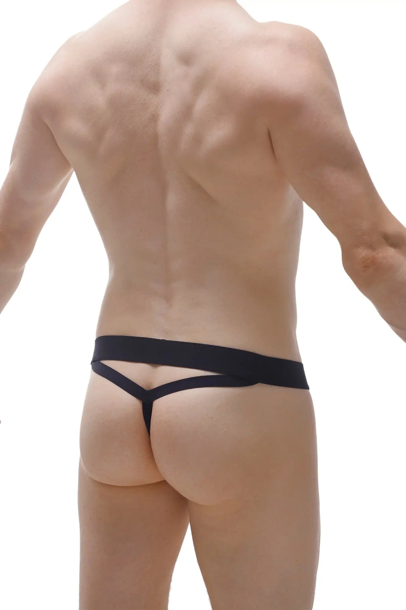 Black g-string y camo mesh thong with wide waistband and two diagonal straps shown from the back side