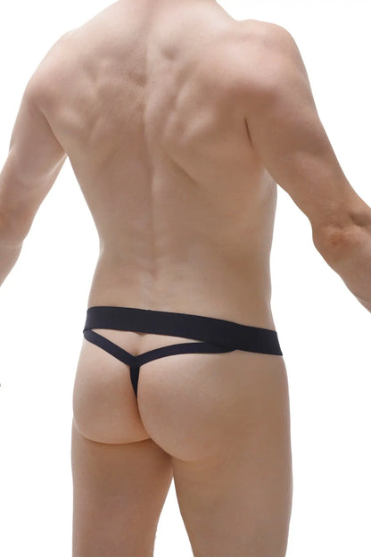 Black g-string y camo mesh thong with wide waistband and two diagonal straps shown from the back side