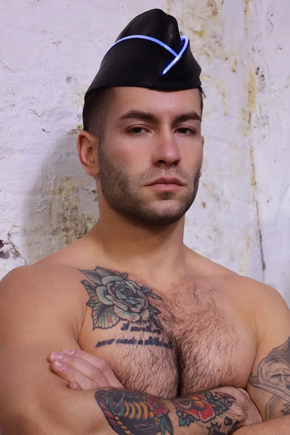Black leather garrison hat with blue neon trim showcasing a modern stylish design