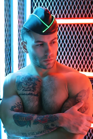 Black leather garrison hat with neon green trim designed for a bold and stylish look