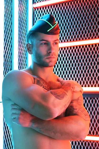 Black garrison hat with neon green trim featuring a military-style design and durable fabric for tactical use