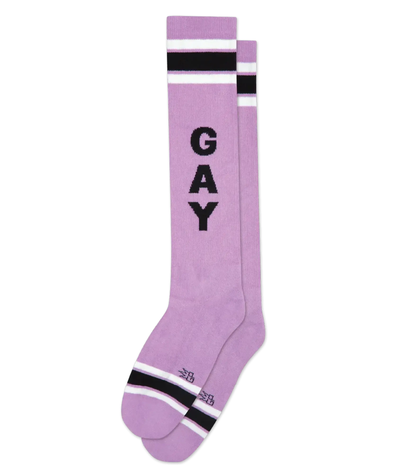 Lavender knee high socks with bold black gay lettering and white and black striped accents for casual wear
