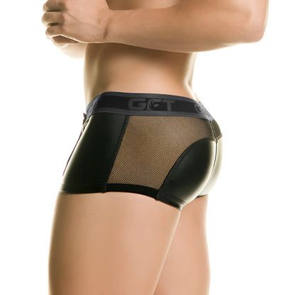 Black gigo 1 fetiche trunk menâ€™s briefs with glossy faux leather finish and mesh paneling