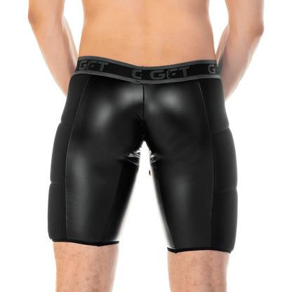 Black glossy faux leather shorts with gray waistband featuring get logo from gigo 2 fetiche black zipper trunk long