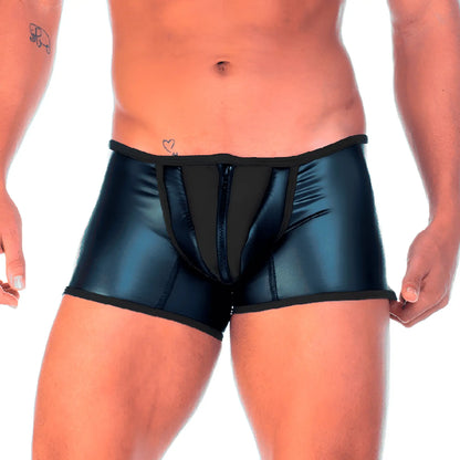 Shiny black patent leather Gigo 2 Fetiche zipper trunk briefs with central zipper and black contrasting trim