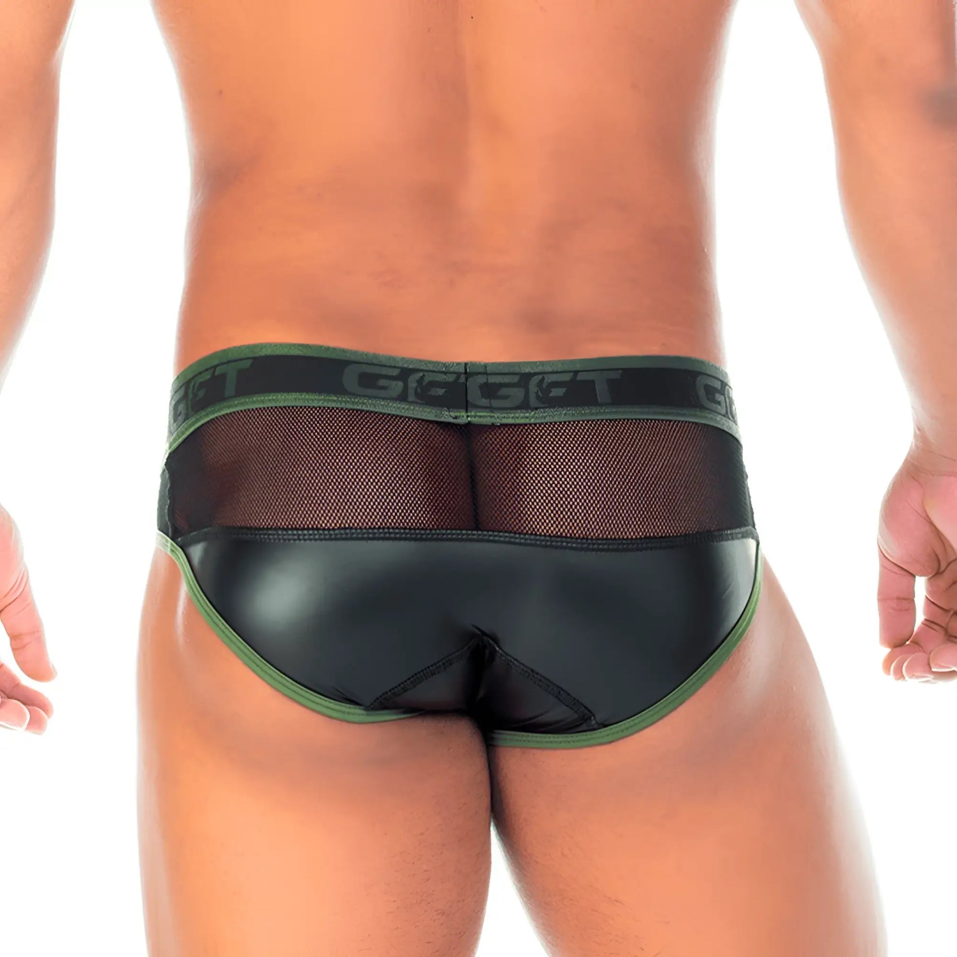 Gigo 2 Fetiche green brief in black and olive green mesh with a glossy faux leather front panel for men