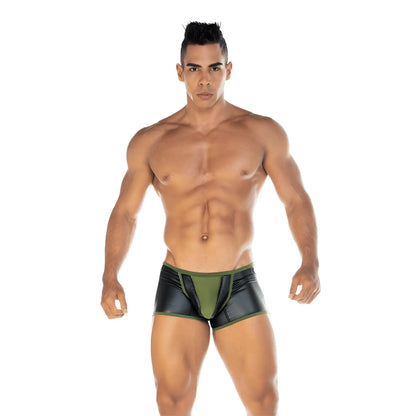 Black and olive green shiny faux leather briefs with central panel design from Gigo 2 Fetiche Green Trunk collection