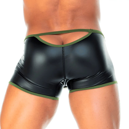 Back view of gigo 2 fetiche green trunk black patent leather shorts with olive green trim and back cutout