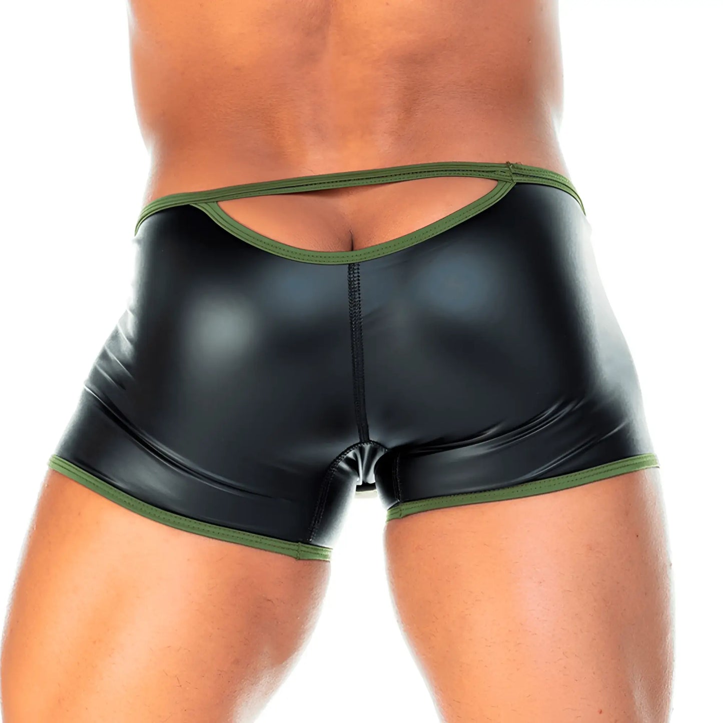 Back view of gigo 2 fetiche green zipper trunk black patent leather shorts with olive green trim and back cutout