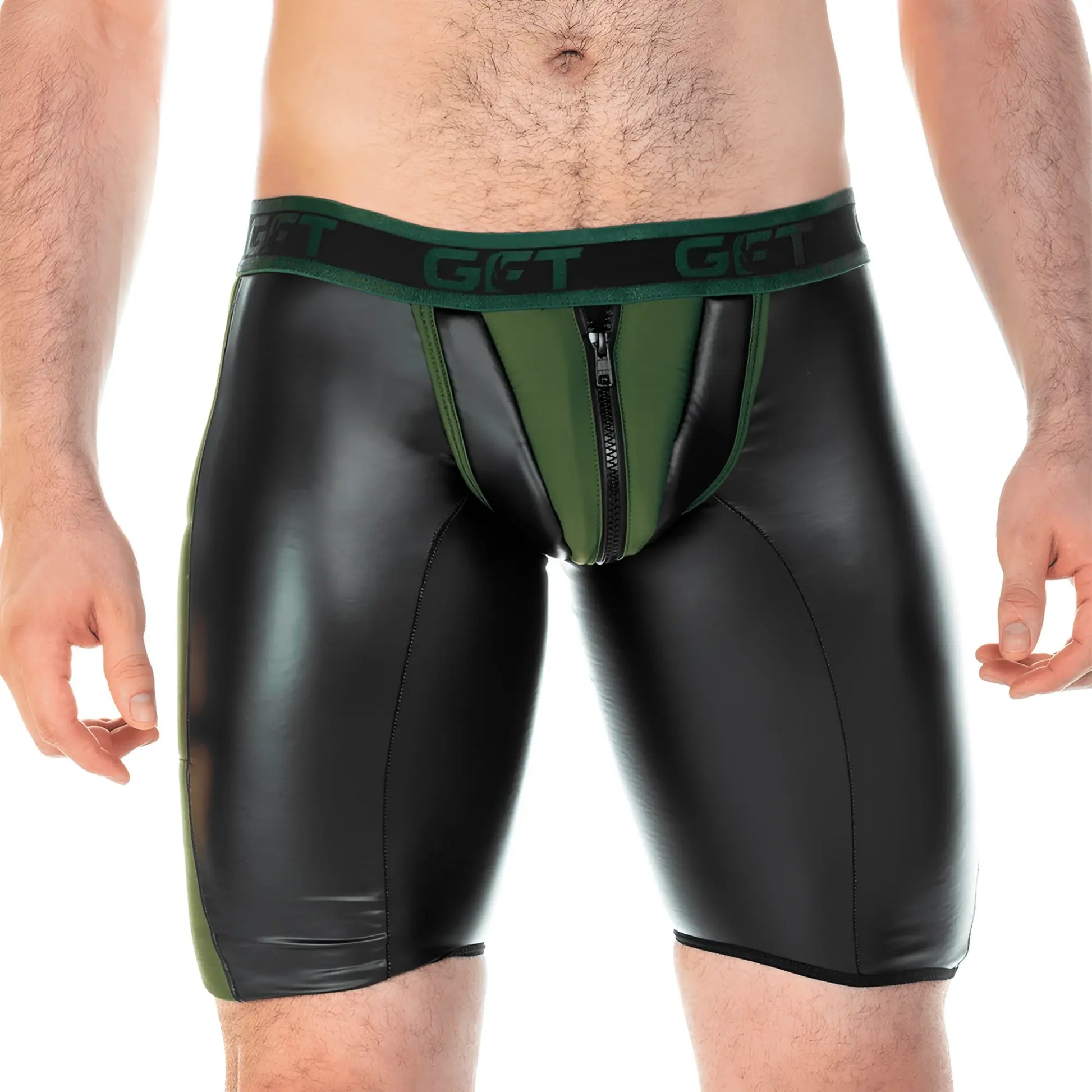 Black and olive green faux leather briefs with central front zipper detail gigo 2 fetiche green zipper trunk long