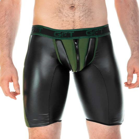 Black and olive green faux leather briefs with central front zipper detail gigo 2 fetiche green zipper trunk long