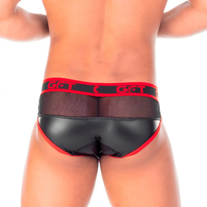 Gigo 2 fetiche red brief black and red mesh briefs with shiny faux leather front and get logo waistband
