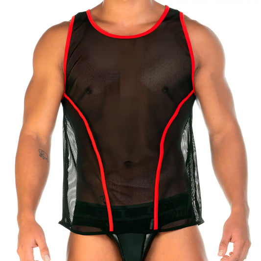 Black mesh tank top with red trim gigo 2 fetiche red tank highlighting breathable material and bold color contrast