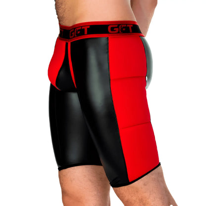 Red and black faux leather shorts with bold segmented design and get branding on the waistband gigo 2 fetiche red trunk long