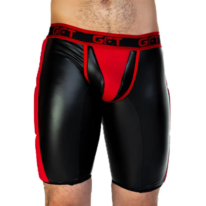 Glossy black and red Gigo 2 Fetiche red trunk long athletic briefs with bold get logo on the waistband
