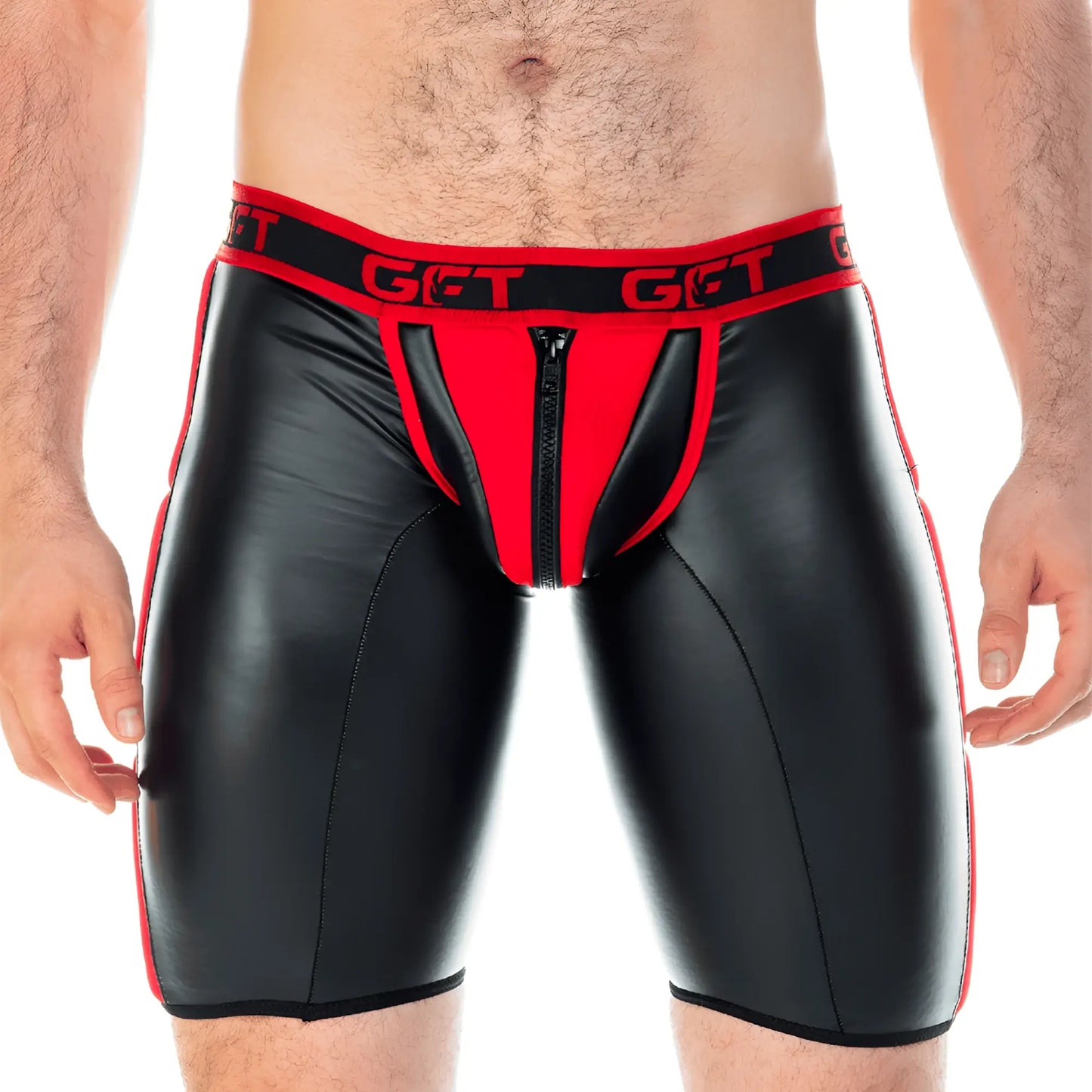 Black and red faux leather briefs with front zipper and get branded waistband gigo 2 fetiche red zipper trunk long