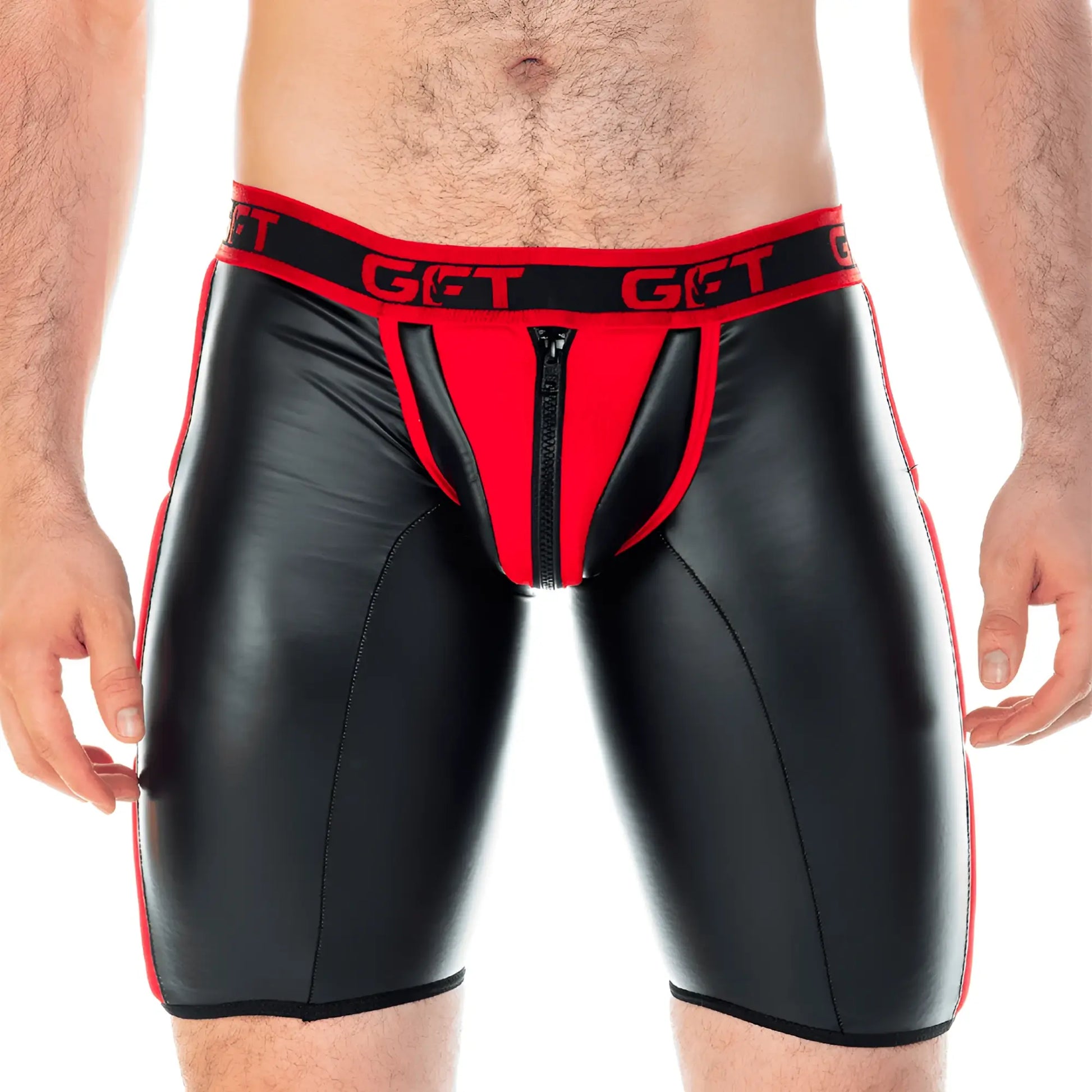 Black and red faux leather briefs with front zipper and get branded waistband gigo 2 fetiche red zipper trunk long