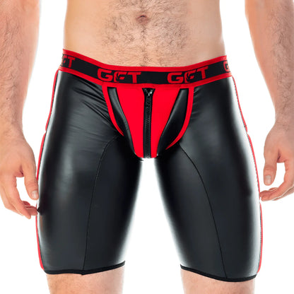 Black and red faux leather briefs with front zipper and get branded waistband gigo 2 fetiche red zipper trunk long