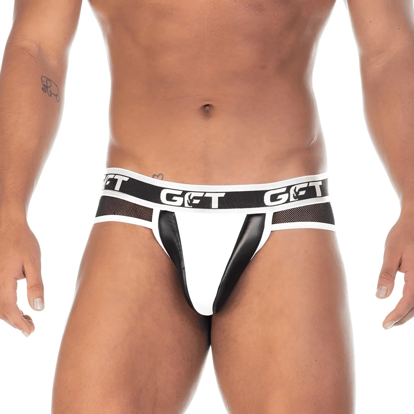 White and black gigo 2 fetiche athletic briefs with mesh waistband featuring bold get logo in white letters
