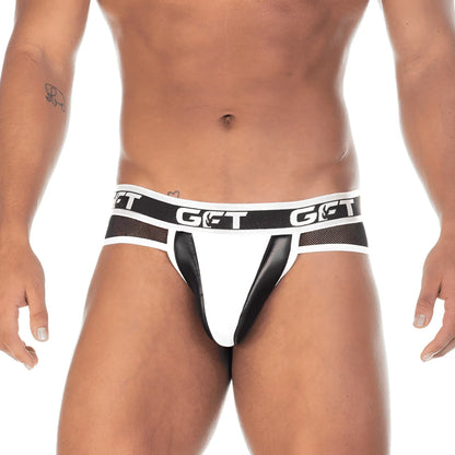 White and black gigo 2 fetiche athletic briefs with mesh waistband featuring bold get logo in white letters