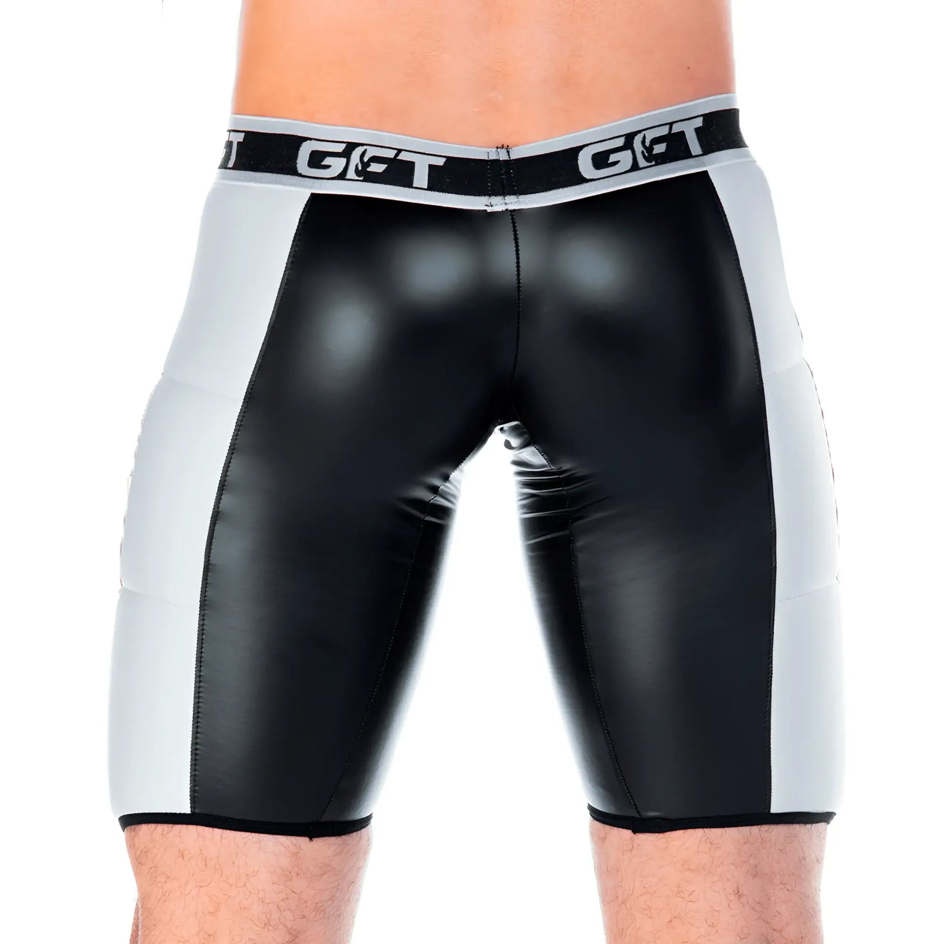Black and silver glossy faux leather shorts with branded waistband gigo 2 fetiche white trunk long front view