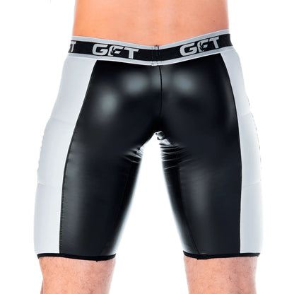 Black and silver glossy faux leather shorts with branded waistband gigo 2 fetiche white trunk long front view