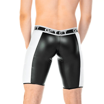 Black and white patent leather Gigo 2 Fetiche white zipper trunk long shorts with branded waistband front view