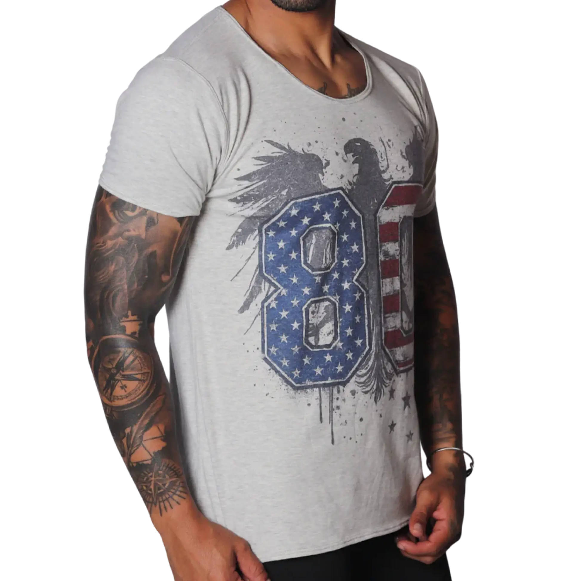Light grey, raw-edge scoop neck t-shirt featuring a distressed eagle graphic with US flag-patterned "80" text.